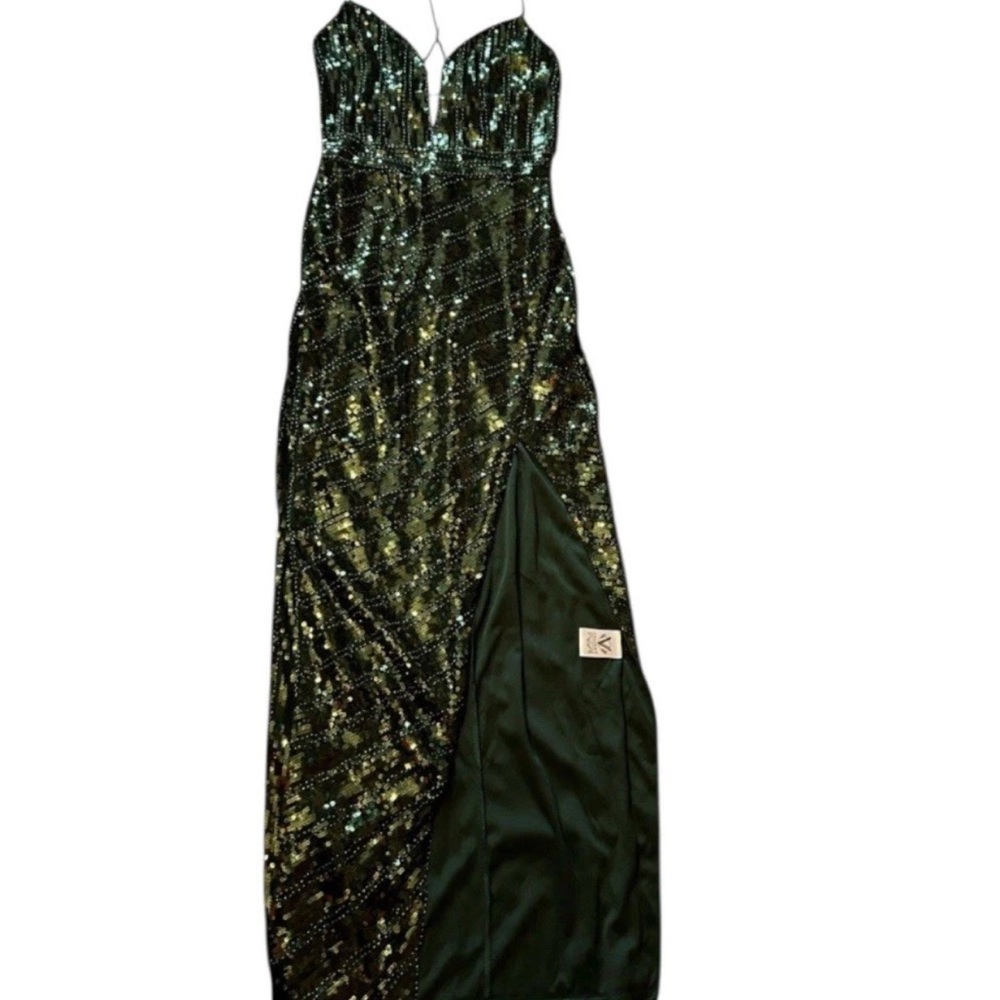 Valiant Paris Elegant Green Sequin Gown Dress High Slit Size Small